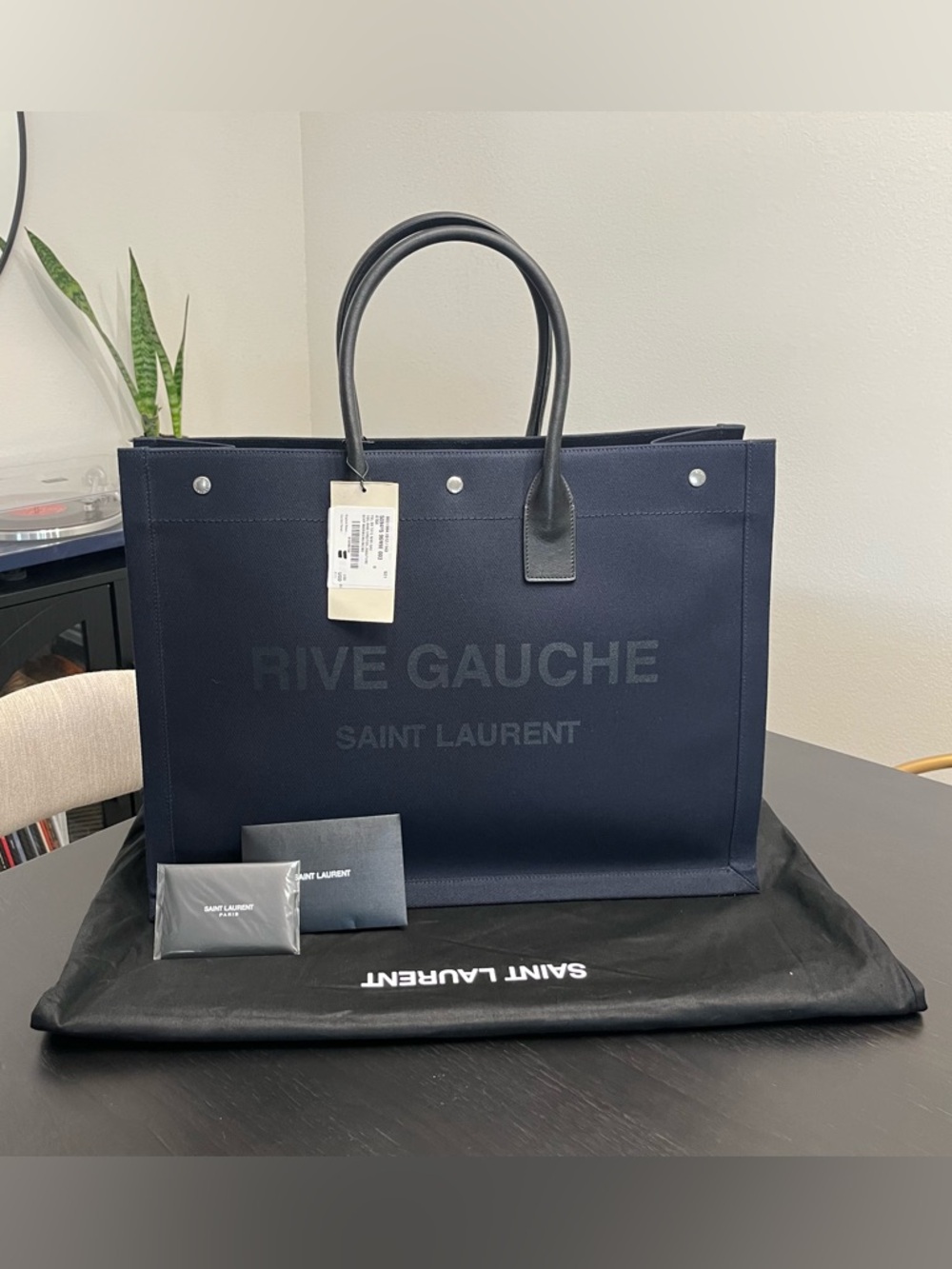NWT YSL Saint Laurent Navy Blue Rive Gauche Large Canvas Tote